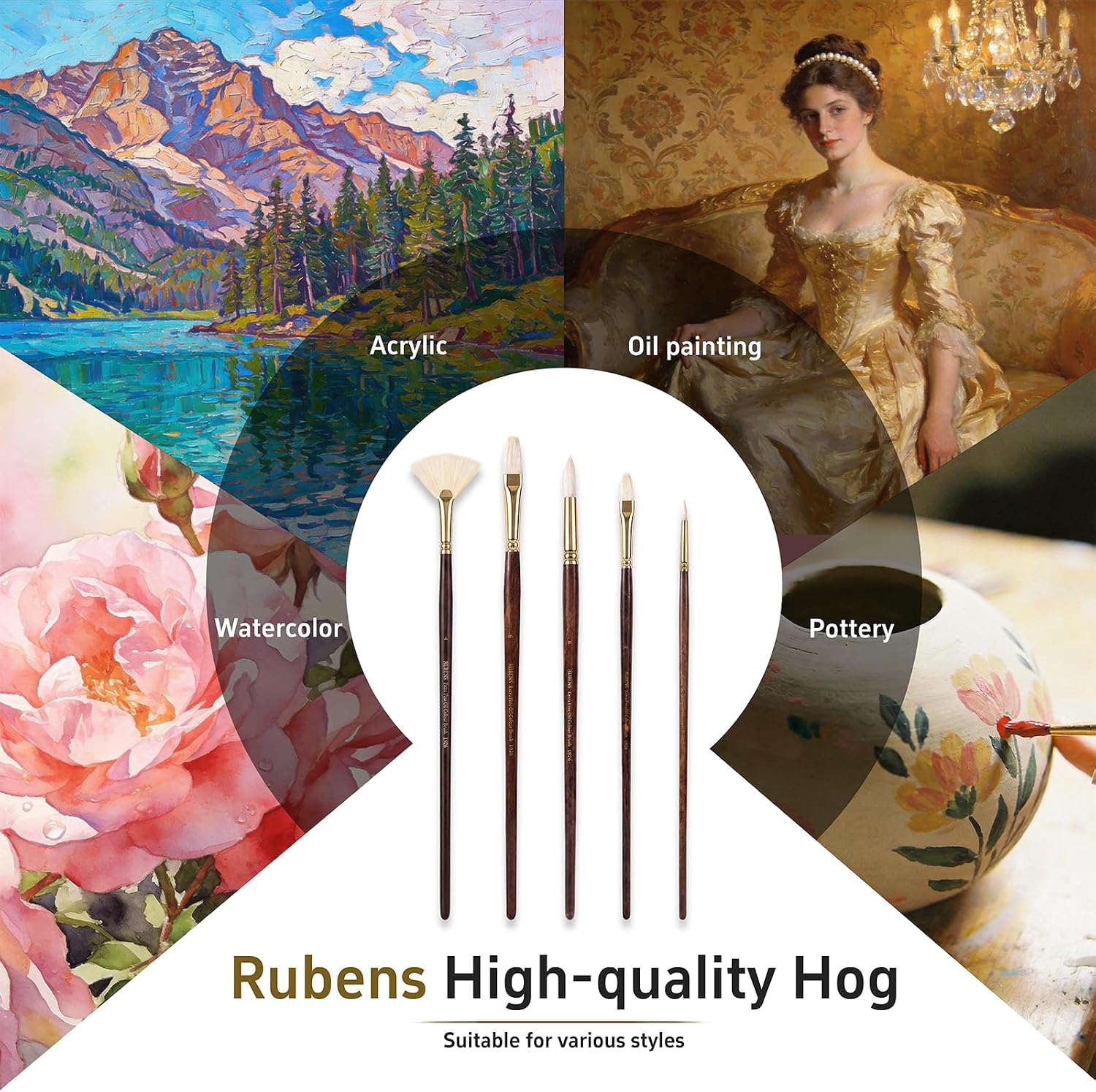 US Fulfillmen - Paul Rubens Oil Paint Brush Set, 5 Pcs Natural Hog Bristle Paint Brushes