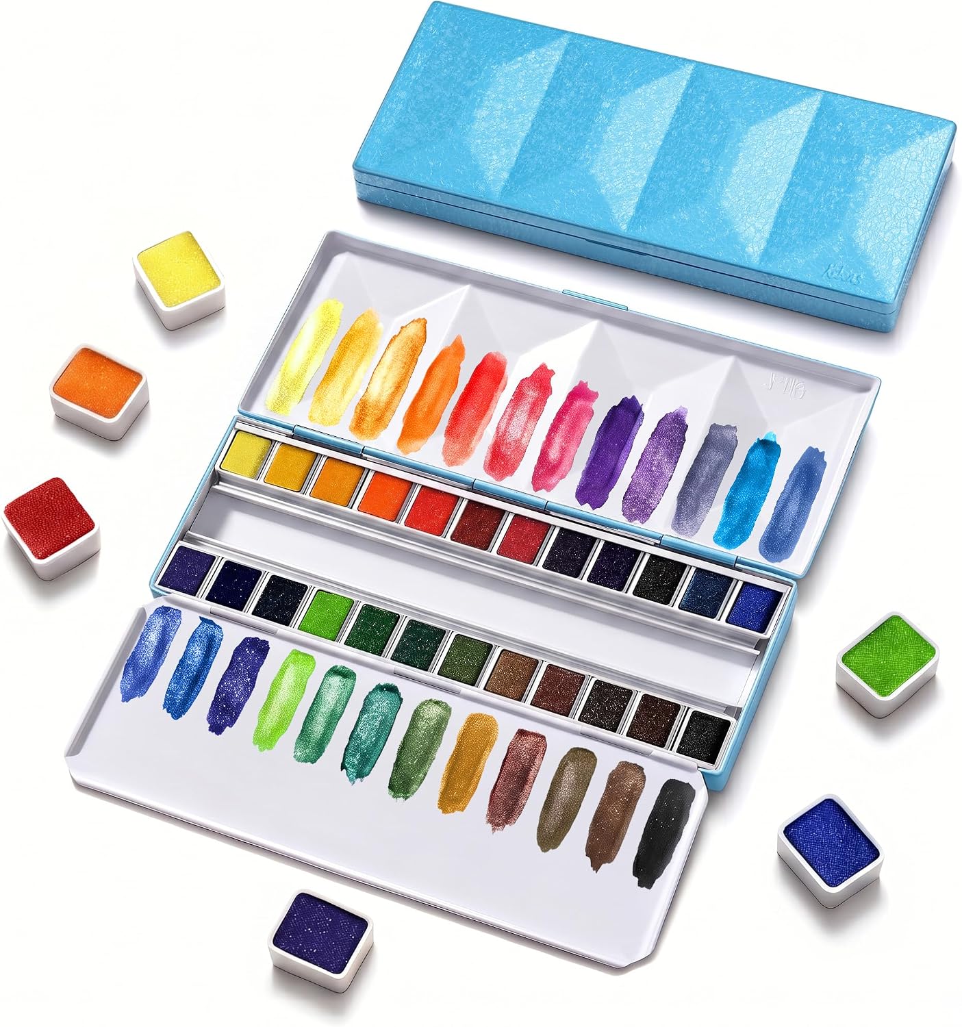 US Fulfillment - rubens Travel Watercolor Paint Set, 24 Colors Half-Pans Solid Watercolor, Soft Glittering, Portable Watercolor in Pink / Dark Black / Light Blue Metal Box with Built-in Palette, Watercolors Paint Adult Set for Beginner, Artist
