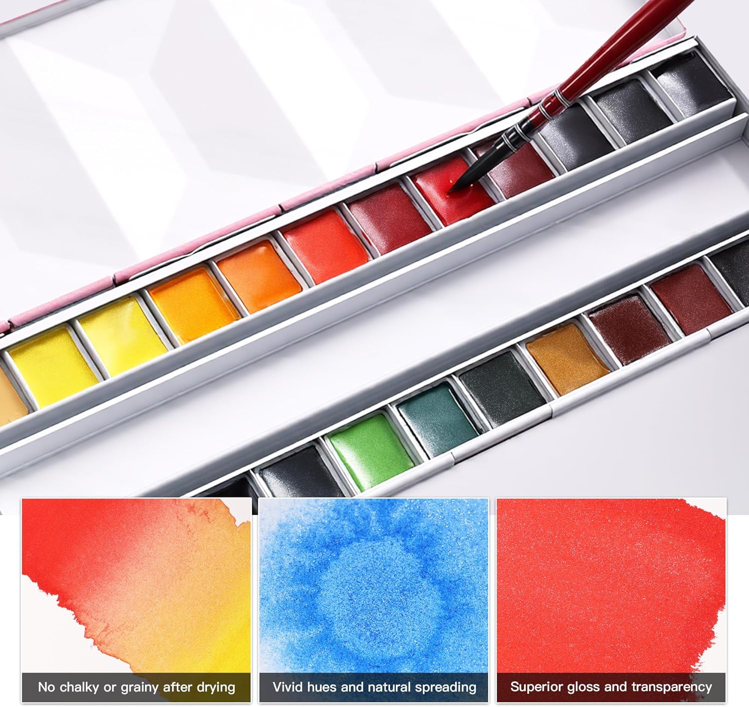 US Fulfillment - rubens Travel Watercolor Paint Set, 24 Colors Half-Pans Solid Watercolor, Soft Glittering, Portable Watercolor in Pink / Dark Black / Light Blue Metal Box with Built-in Palette, Watercolors Paint Adult Set for Beginner, Artist