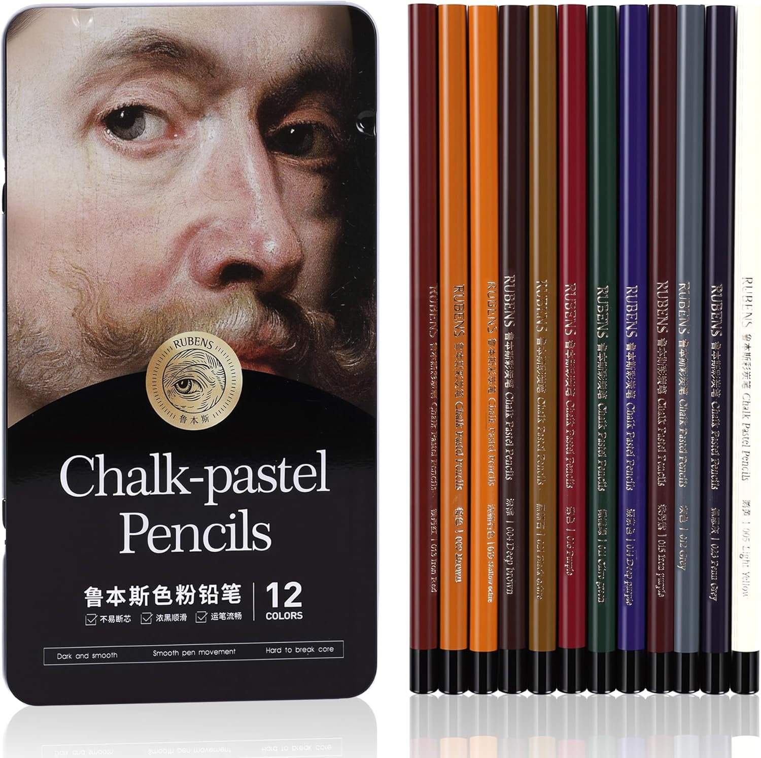 US Fulfillment - rubens Pastel Pencils, 12 A / B Colors Soft Chalk Pastel Pencils Set for Artists, 4mm Core Chalk Colored Pencils in A Metal Tin, Blendable Chalks Pencils for Drawing, Sketching, Blending &amp; Shading(Series B)