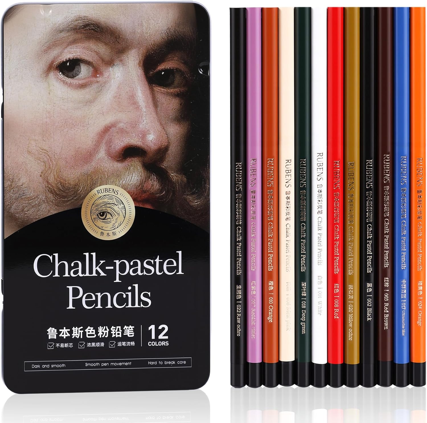 US Fulfillment - rubens Pastel Pencils, 12 A / B Colors Soft Chalk Pastel Pencils Set for Artists, 4mm Core Chalk Colored Pencils in A Metal Tin, Blendable Chalks Pencils for Drawing, Sketching, Blending &amp; Shading(Series B)