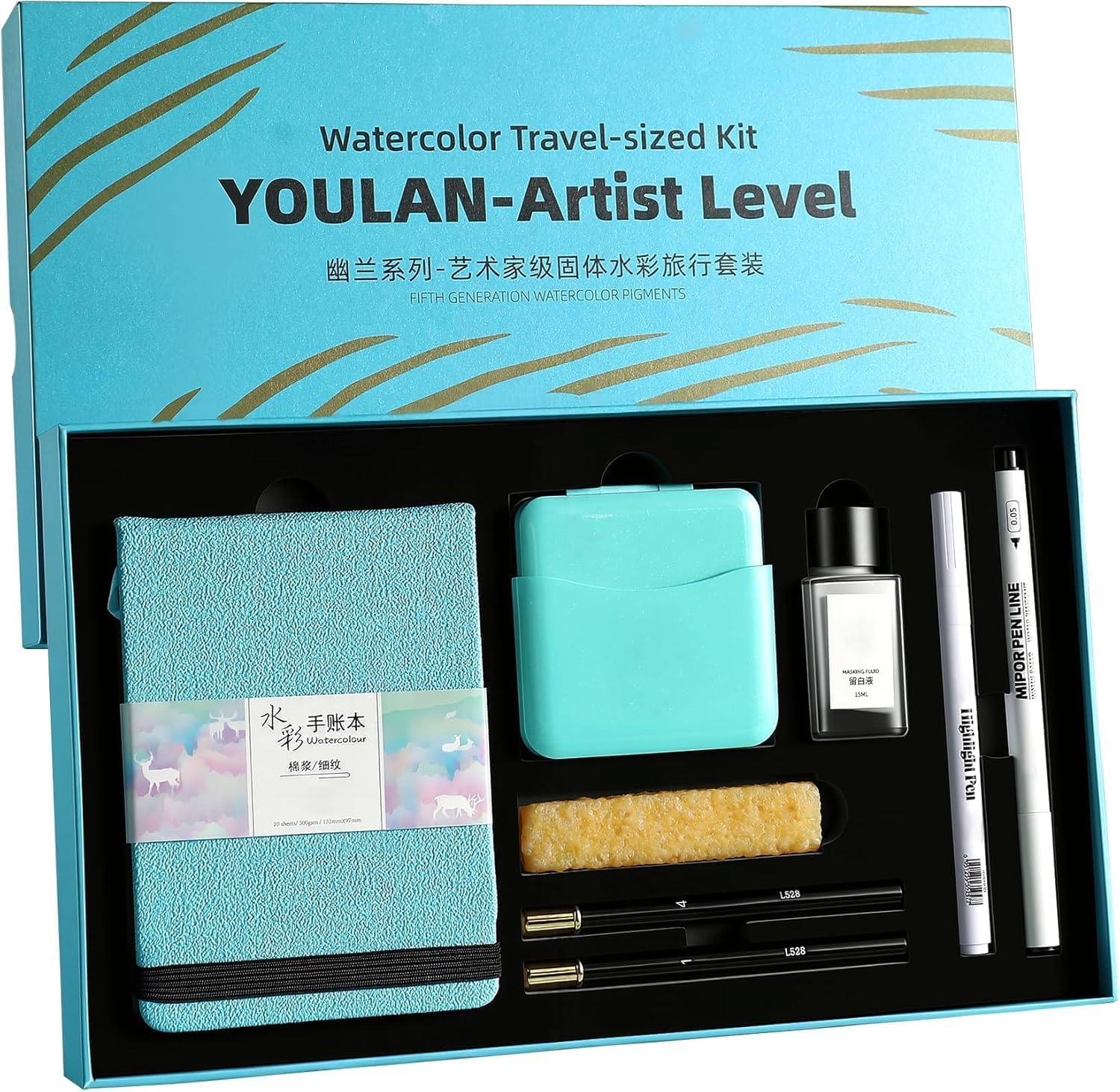 US Fulfillment - rubens 12 Colors Travel Watercolor Paint Set, All In One Artist Watercolor Paint Kit, Professional Watercolor Half Pan with Watercolor Journal, Paint Brush, Highlight Pen for Beginner, Artist, Adults