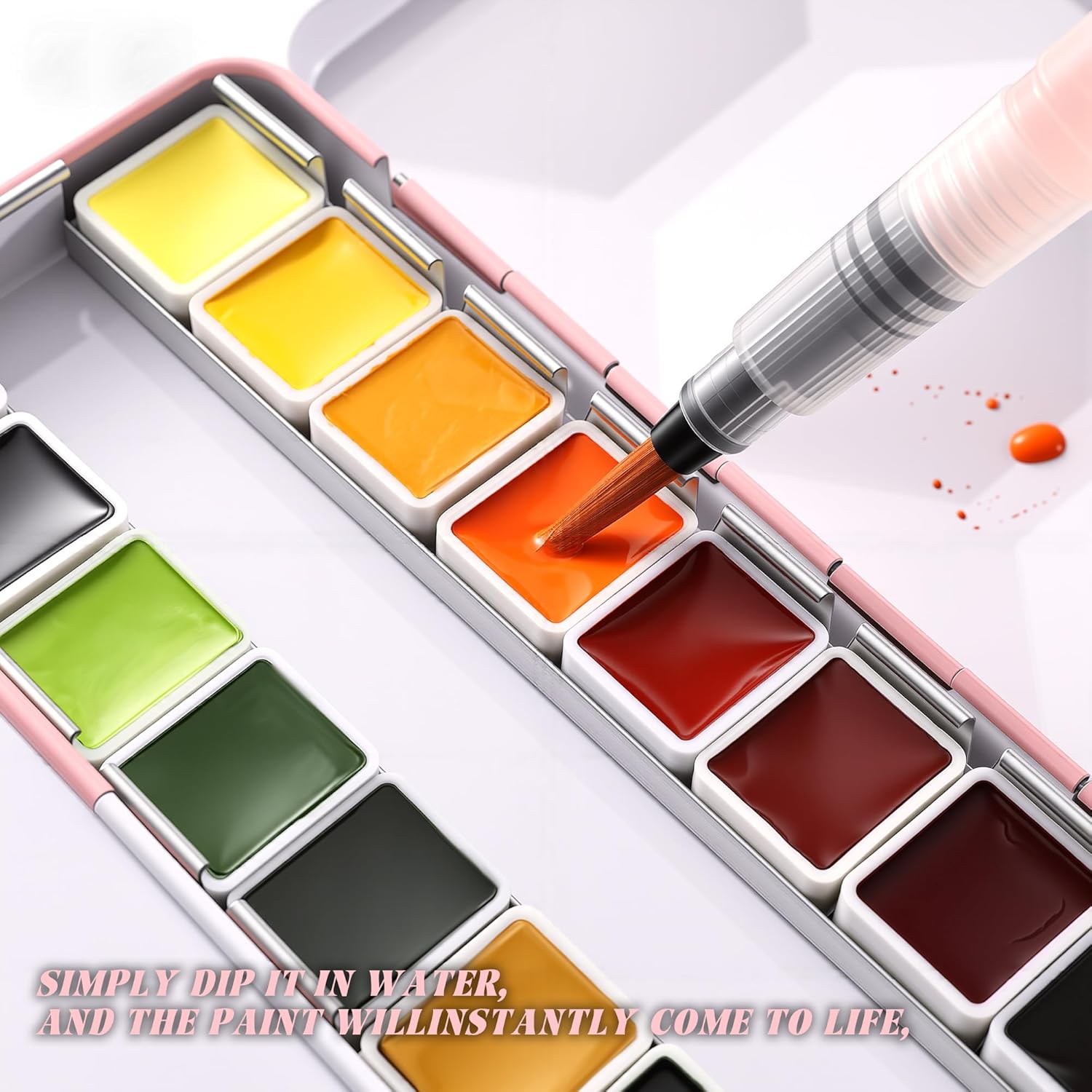US Fulfillment - rubens Professional Watercolor Paint Set 24 Colors, High Pigment Solid Half Pans in Chic Pink / Multicolor / Black Diamond-Pattern Metal Case with Ring, Aesthetic Art Gift for Beginners, Artists &amp; Designers