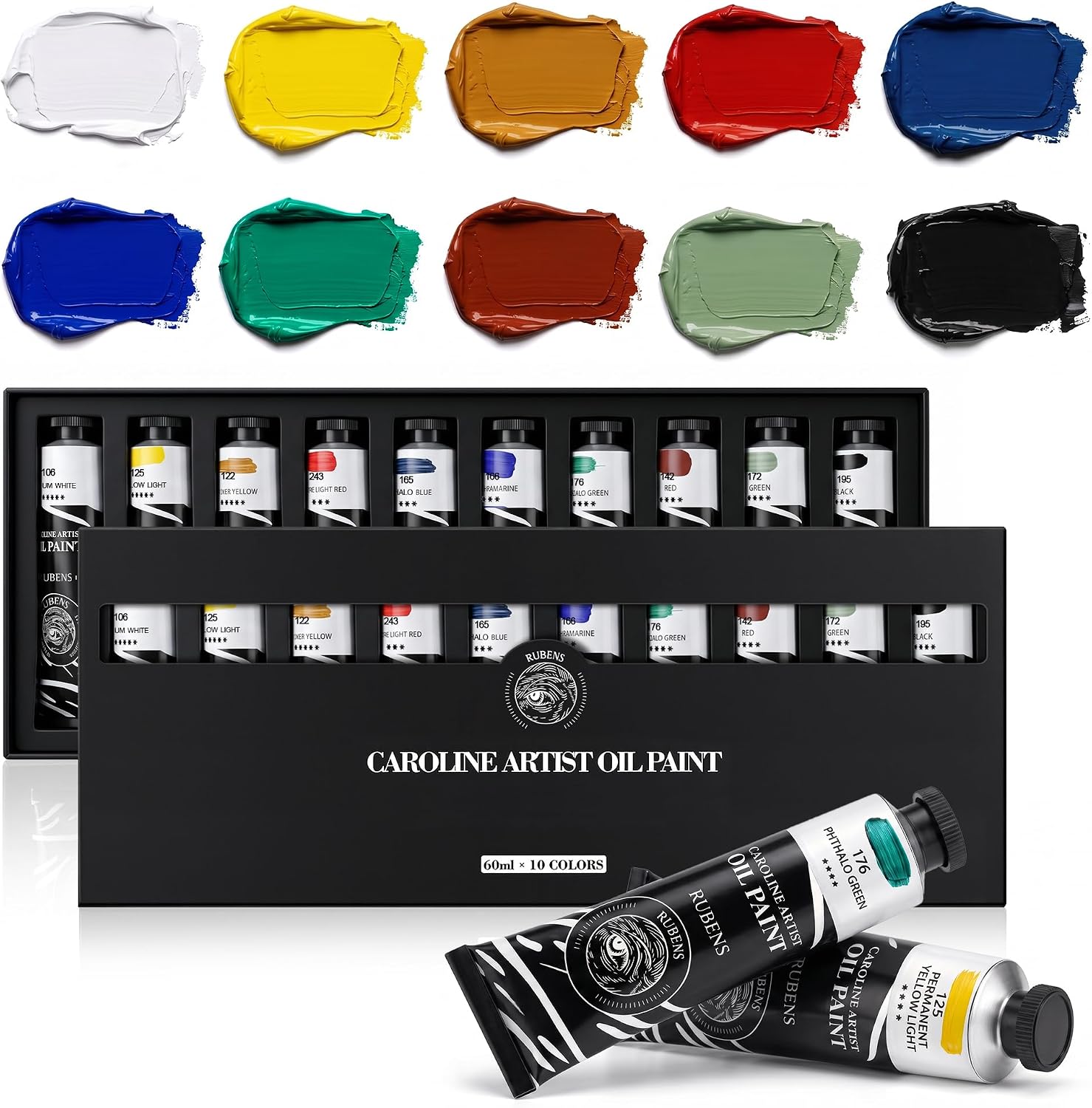 US Fulfillment - rubens Oil Paints Set 10 / 15 Colors, 60ml Large Tubes Oil Color Paint for Canvas, Professional Oil Colors with High Saturation, Landscape / Standard / Portrait /  Still Life Color / 15 Colors-A / B / C / 6 Titanium White Art Supplies