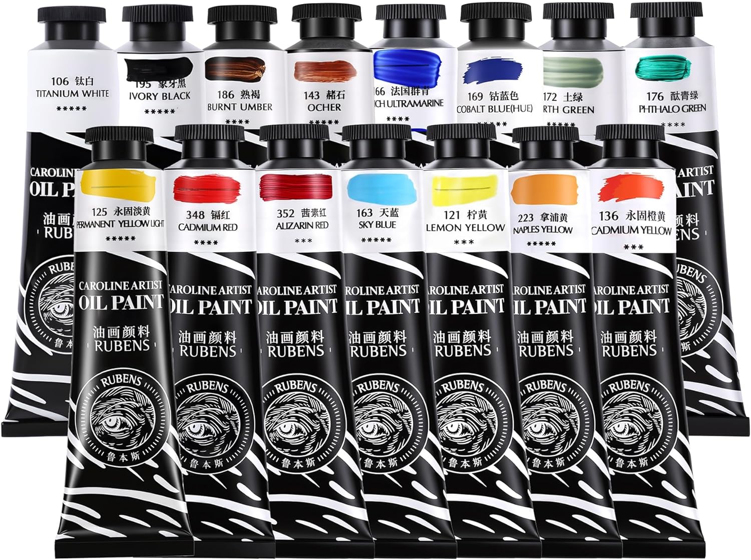 US Fulfillment - rubens Oil Paints Set 10 Colors, 60ml Large Tubes Oil Color Paint for Canvas, Professional Oil Colors with High Saturation, Landscape / Standard / Portrait /  Still Life Color / 15 Colors-A / B / C / 6 Titanium White Art Supplies