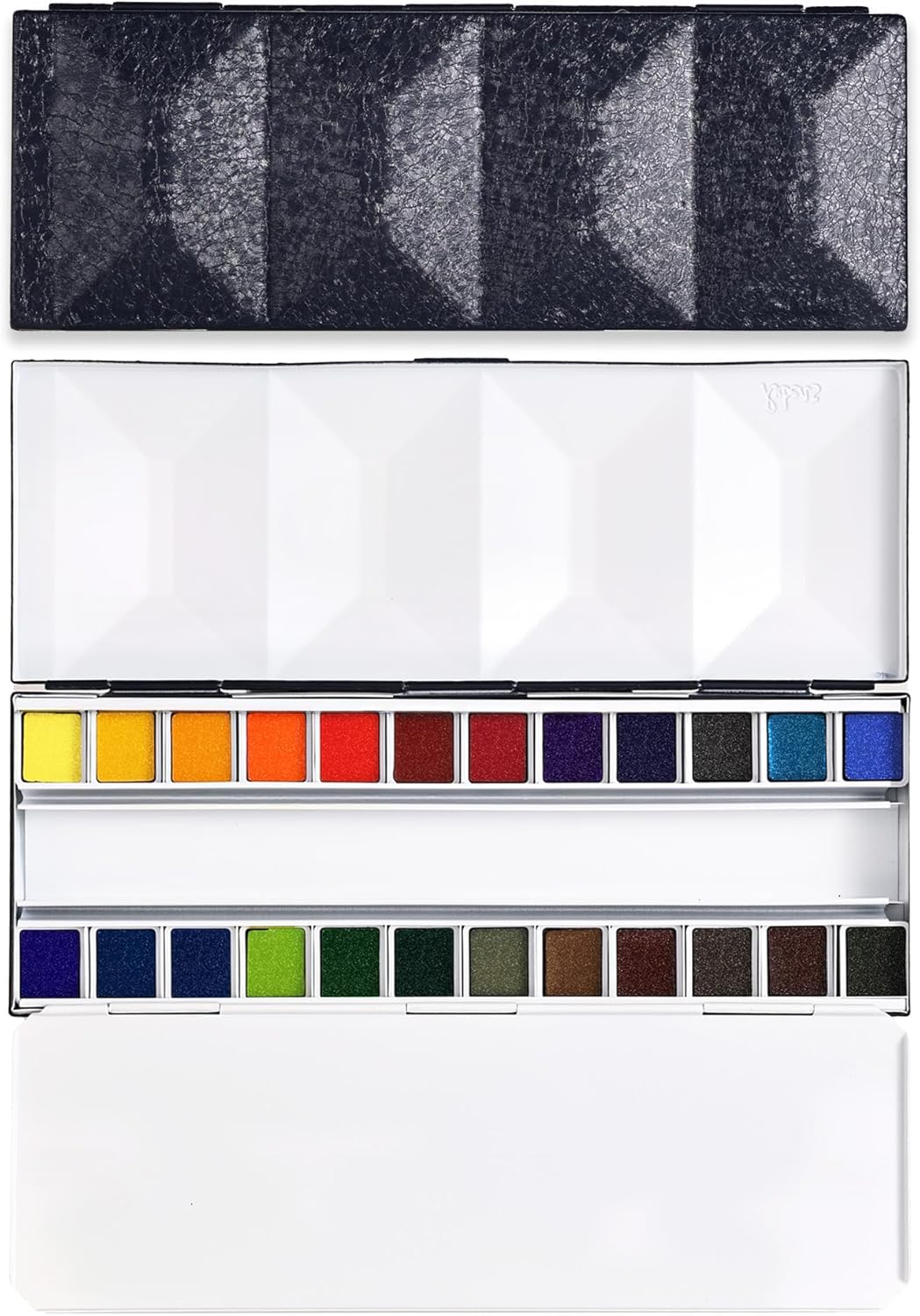 US Fulfillment - rubens Travel Watercolor Paint Set, 24 Colors Half-Pans Solid Watercolor, Soft Glittering, Portable Watercolor in Pink / Dark Black / Light Blue Metal Box with Built-in Palette, Watercolors Paint Adult Set for Beginner, Artist