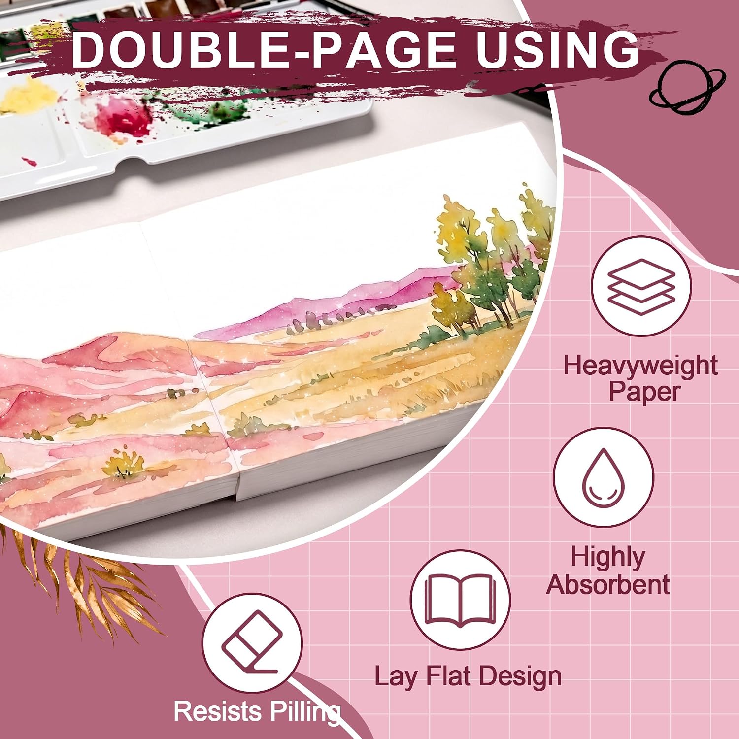 US Fulfillment - rubens Watercolor Paper Pad, Glitter Hot Pressed Paper, 80 Sheets 3.81”x5.31” / 5.31”x7.68” / 3.93”x9.84” Paper 140lb/300gsm, Portable 100% Cotton Watercolor Paper for Watercolor, Oil Pastels, Colored Pencil, Markers, Sketching