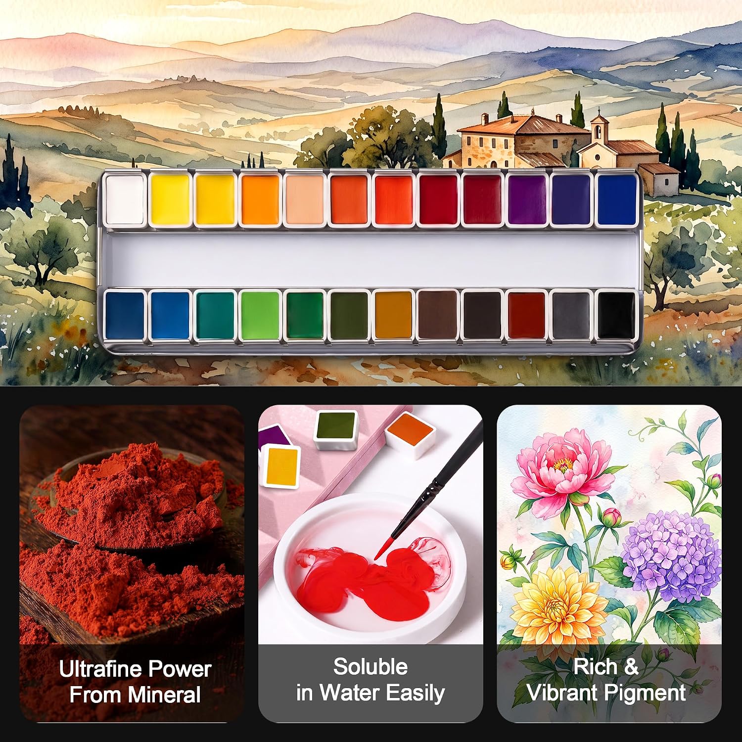 US Fulfillment - Paul Rubens Watercolor Paint Set 24 Colors Black / Moonlight / Peacock / Pink / Red