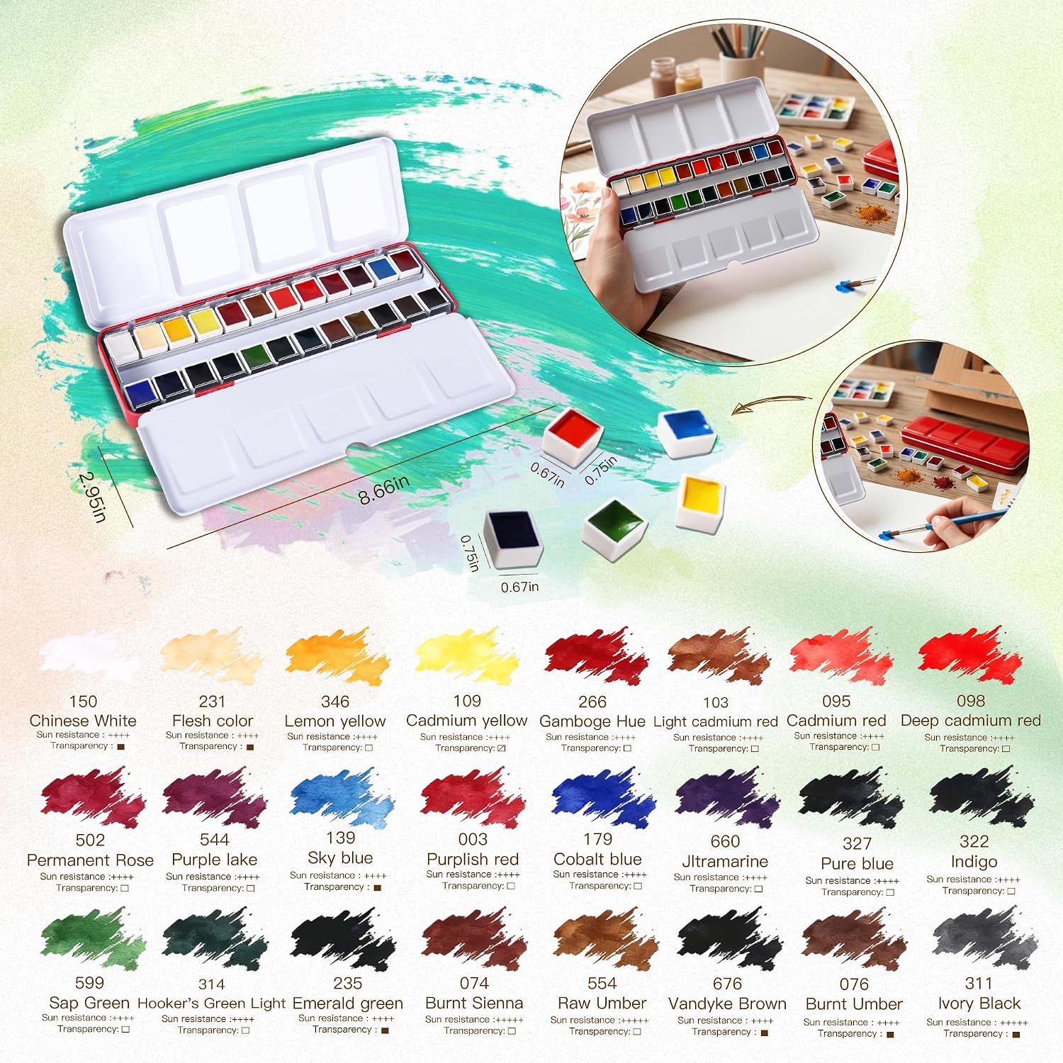 US Fulfillment - rubens Watercolor Paint Set 24 Colors, Solid Watercolor Set Half Pan Travel Watercolor, Removable Pans and Built-in Palette, Portable Metal Box with Metal Ring for Adult, Beginner, Artist