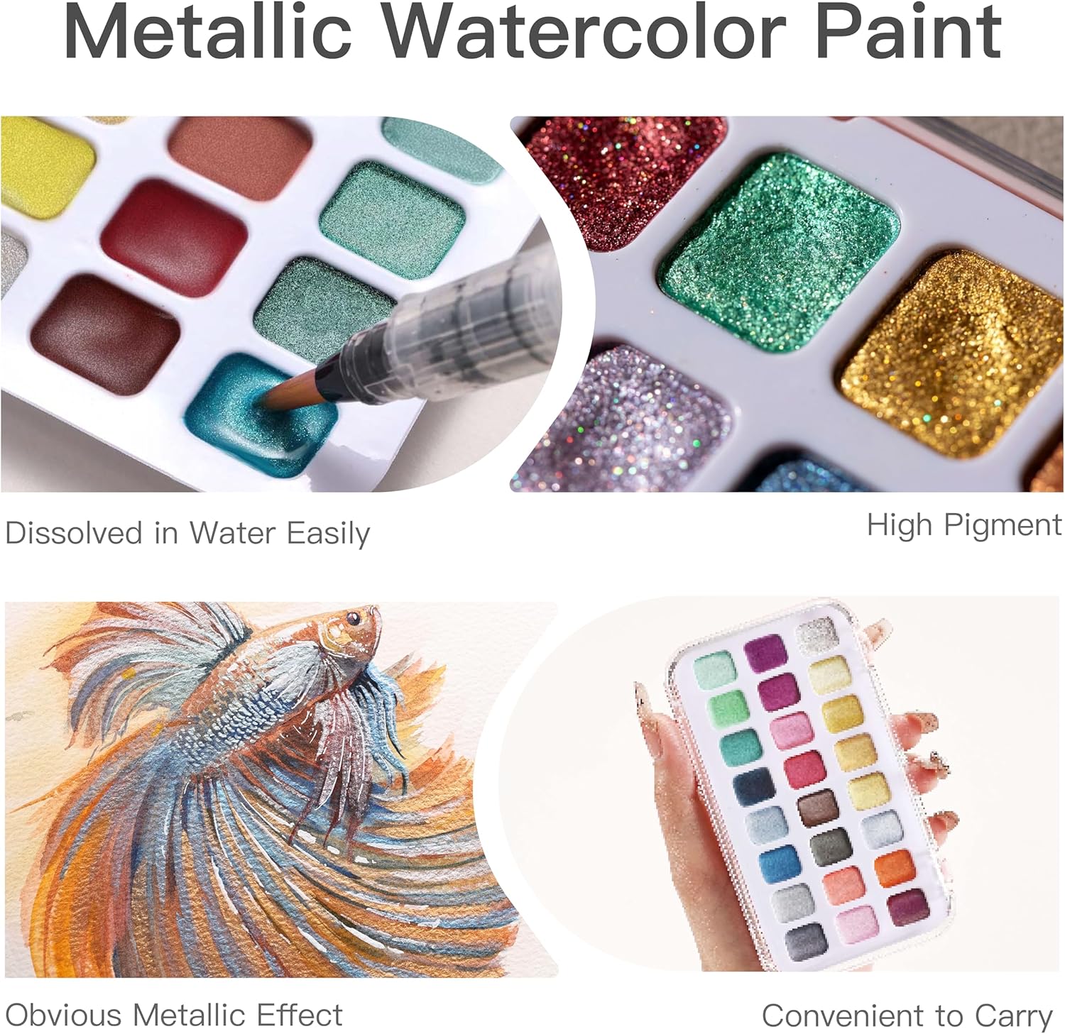 US Fulfillment - rubens Metallic Watercolor Paint Set 24 / 48 Colors - Professional Shimmer Watercolor Paints with High Pigment Density, Portable Travel Set for for Beginner, Artist &amp; Adults