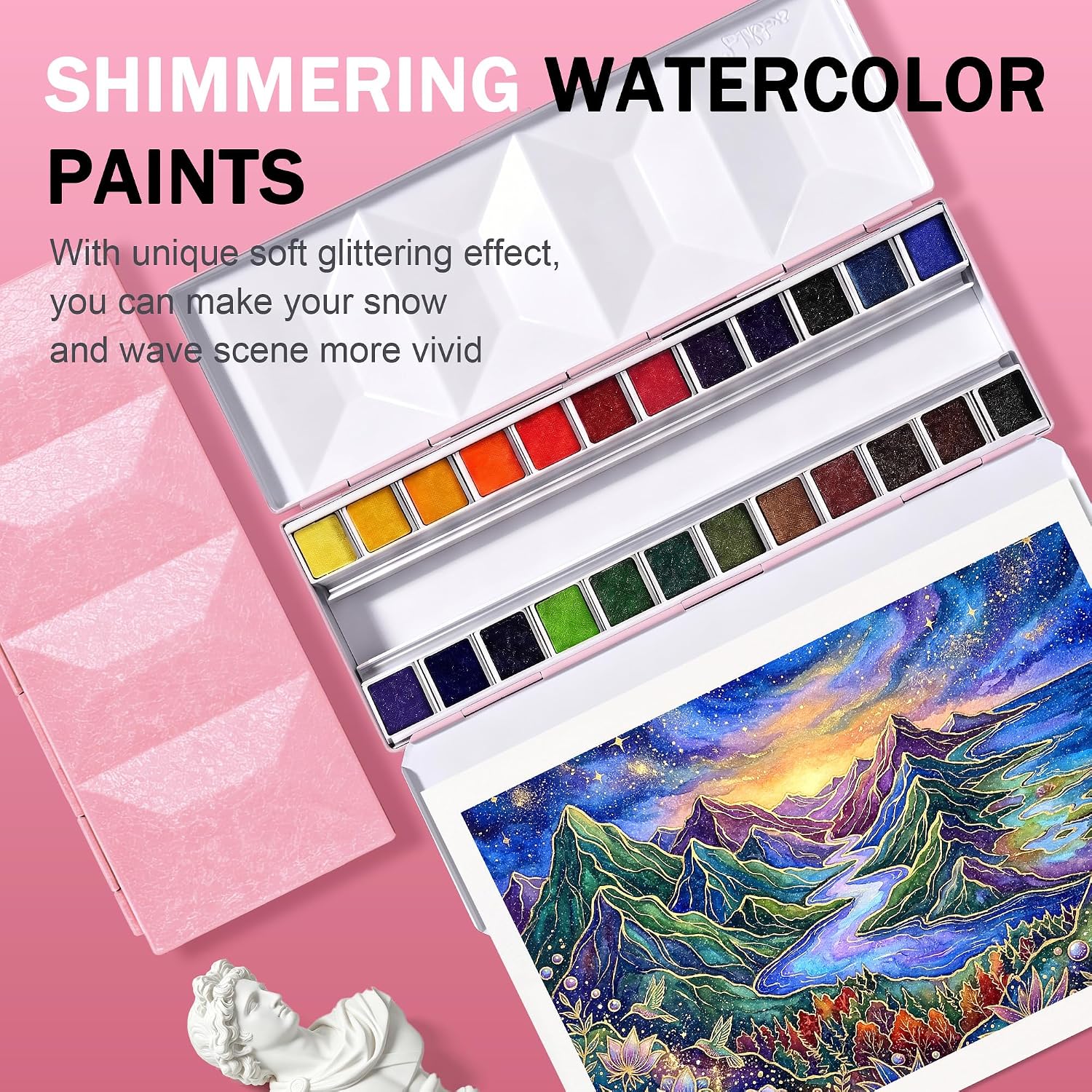 US Fulfillment - rubens Travel Watercolor Paint Set, 24 Colors Half-Pans Solid Watercolor, Soft Glittering, Portable Watercolor in Pink / Dark Black / Light Blue Metal Box with Built-in Palette, Watercolors Paint Adult Set for Beginner, Artist