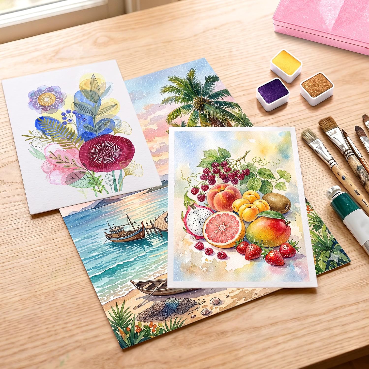 US Fulfillment - rubens Travel Watercolor Paint Set, 24 Colors Half-Pans Solid Watercolor, Soft Glittering, Portable Watercolor in Pink / Dark Black / Light Blue Metal Box with Built-in Palette, Watercolors Paint Adult Set for Beginner, Artist