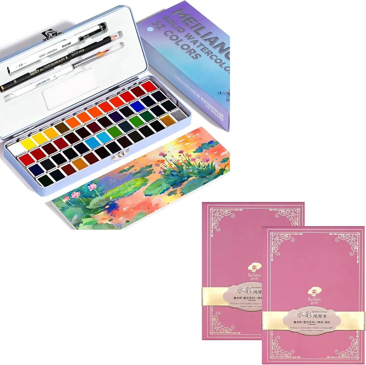 Paul Rubens Portable Watercolor Paint Set Bundle Set 52 Colors 14 S (5x5 Blue Case Hot Press)