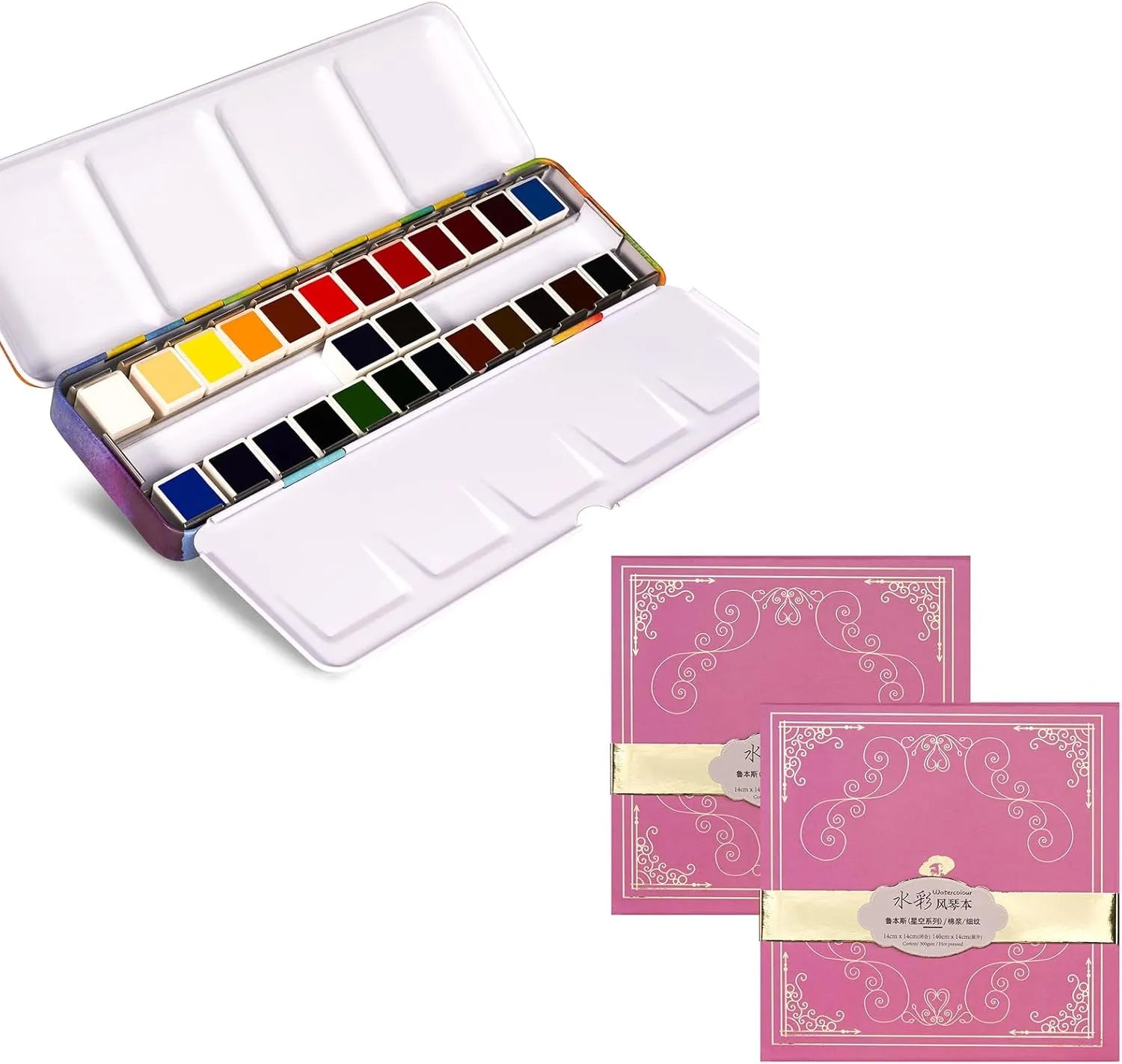 Paul Rubens Hot Press Watercolor Paint Set 24 Colors 14 Sheets