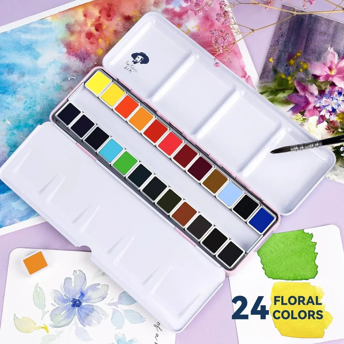Paul Rubens 24 Vivid Floral Colors Watercolor Paint 0 2 4 6 Synthetic Squirrel Hair Paint Brushes kit