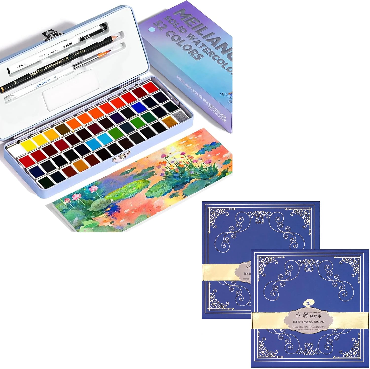Paul Rubens Portable Watercolor Paint Set Bundle Set 52 Colors 14 S (5x5 Blue Case Cold Press)