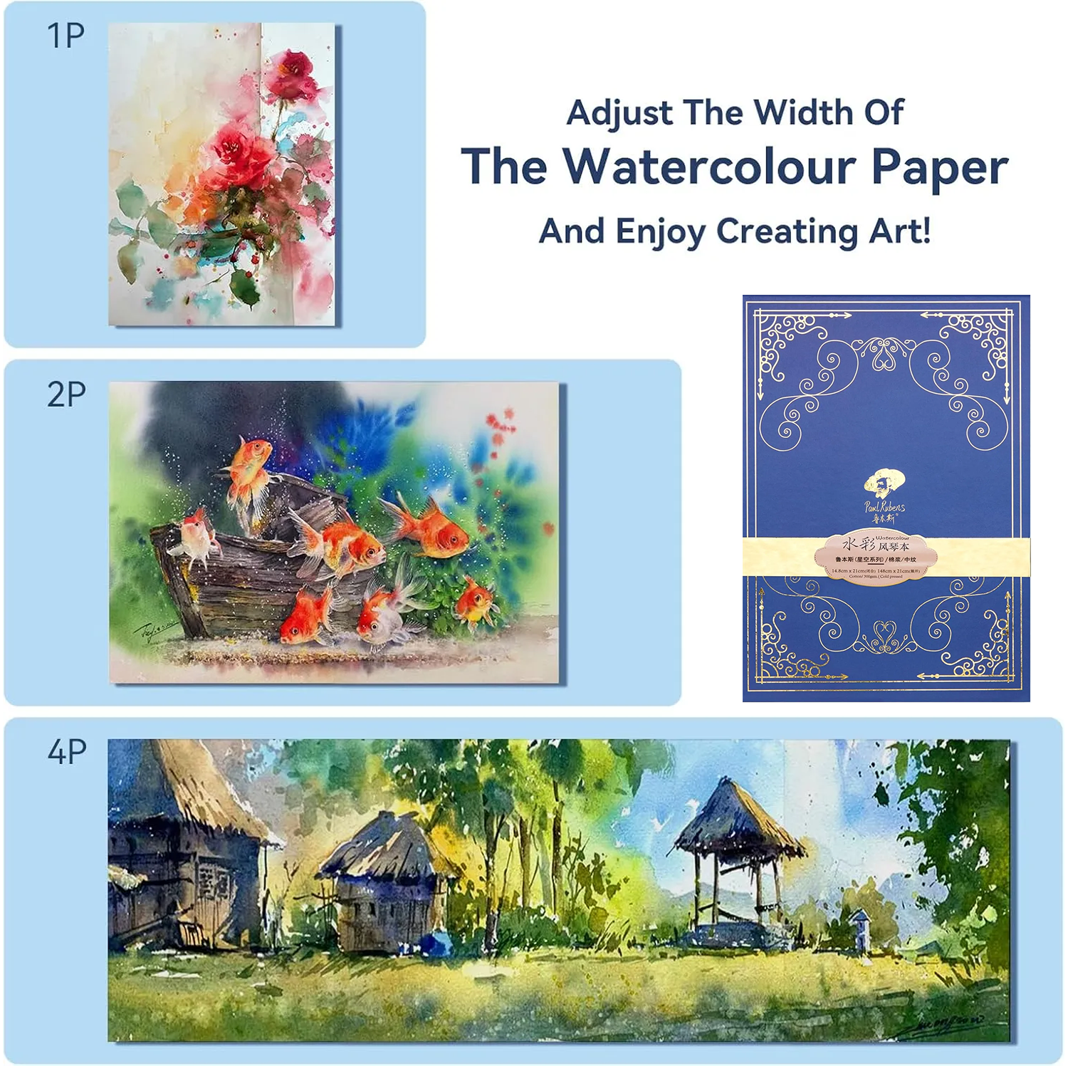 Paul Rubens Portable Watercolor Paint Set Bundle Set 52 Colors 14 S (8x8 Blue Case Cold Press)
