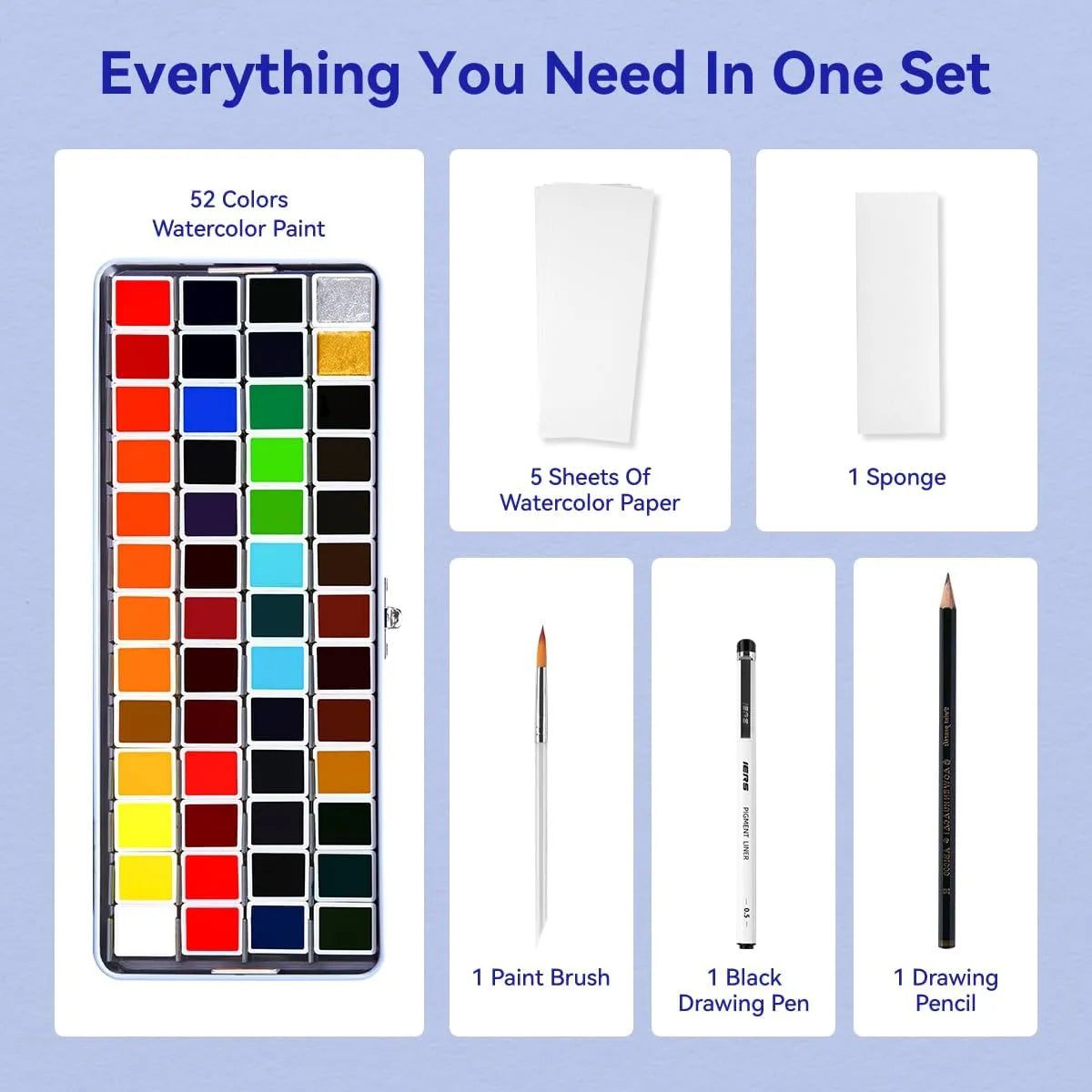 Paul Rubens Portable Watercolor Paint Set Bundle Set 52 Colors 14 S (8x8 Blue Case Cold Press)