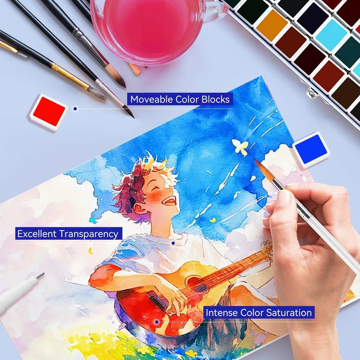 Paul Rubens Portable Watercolor Paint Set Bundle Set 52 Colors 14 S (8x8 Blue Case Cold Press)