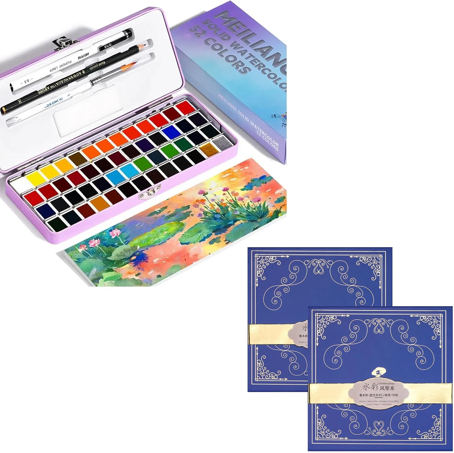 Paul Rubens Portable Watercolor Paint Set Bundle Set 52 Colors 14 S (5x5 Purple Case Cold Press)