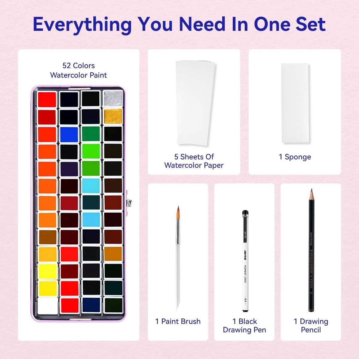 Paul Rubens Portable Watercolor Paint Set Bundle Set 52 Colors 20 S (8x4 Purple Case Hot Press)