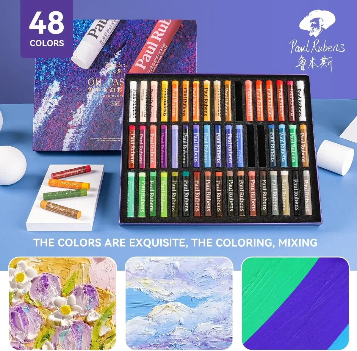 Paul Rubens Classic 50 Vibrant Colors Soft Oil Pastel Set 60g Extra Large Black Oil Pastels Set (Pack of 2)