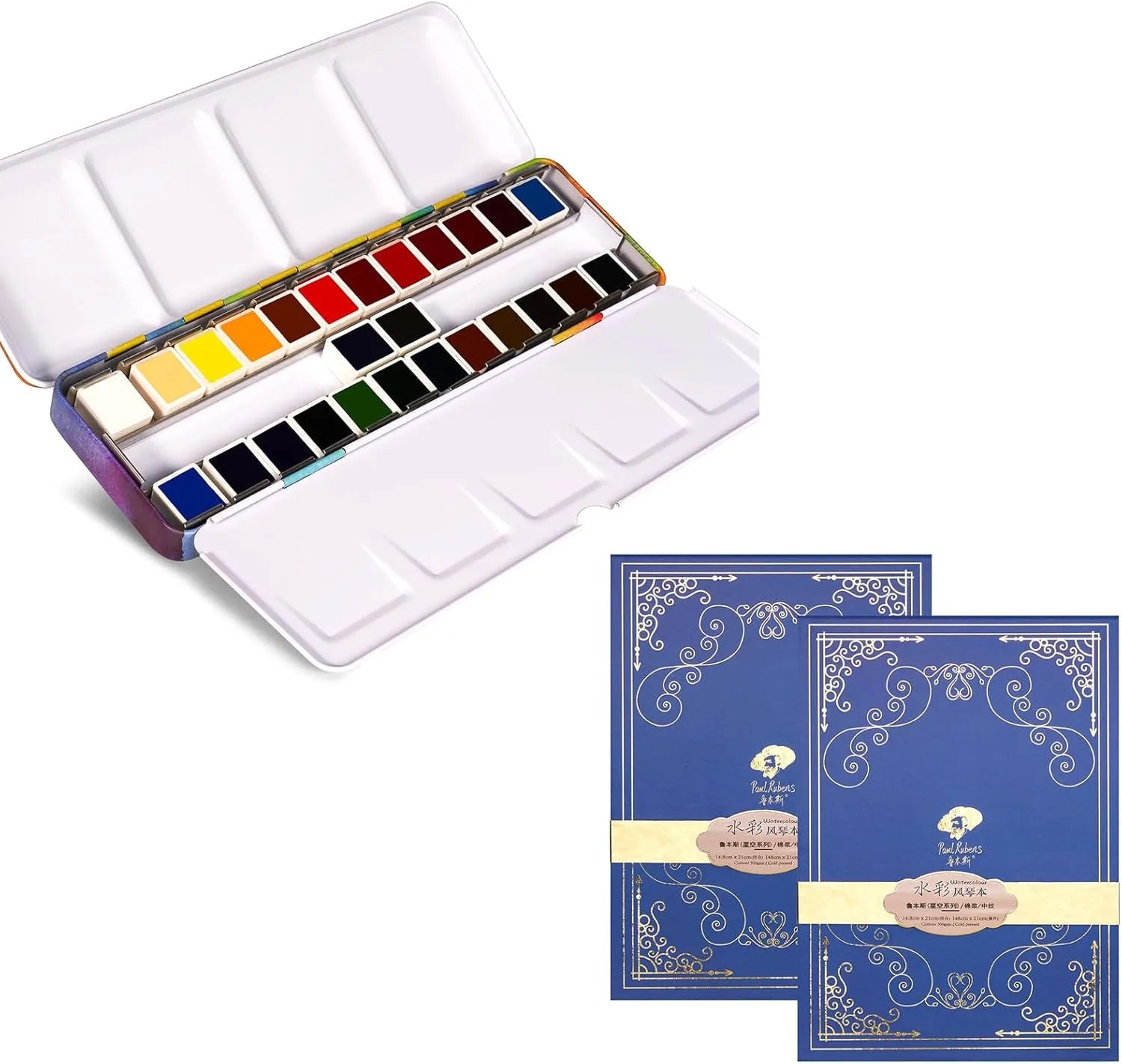 Paul Rubens Cold Press Watercolor Paint Set 24 Colors 14 Sheets (8x8 Organ Style)