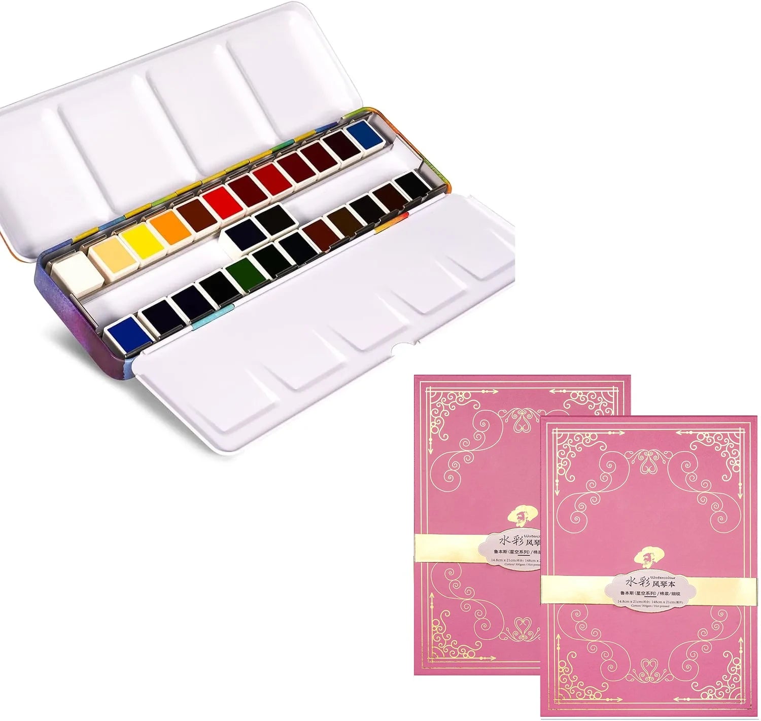 Paul Rubens Hot Press Watercolor Paint Set 24 Colors 20 Sheets (8x4 Organ Style)