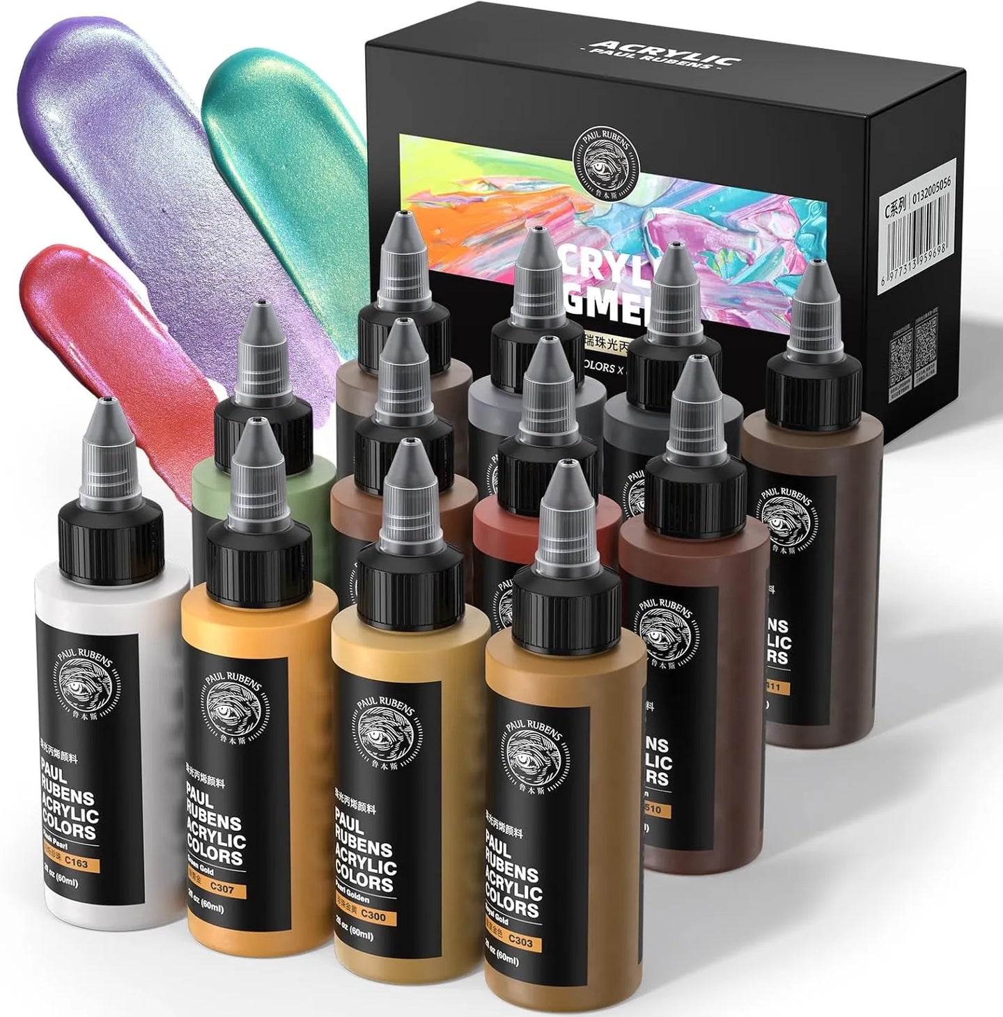 Paul Rubens metallic and glitter acrylic paint set 12 colors 60 ml bottles in gold silver copper and pearl tones
