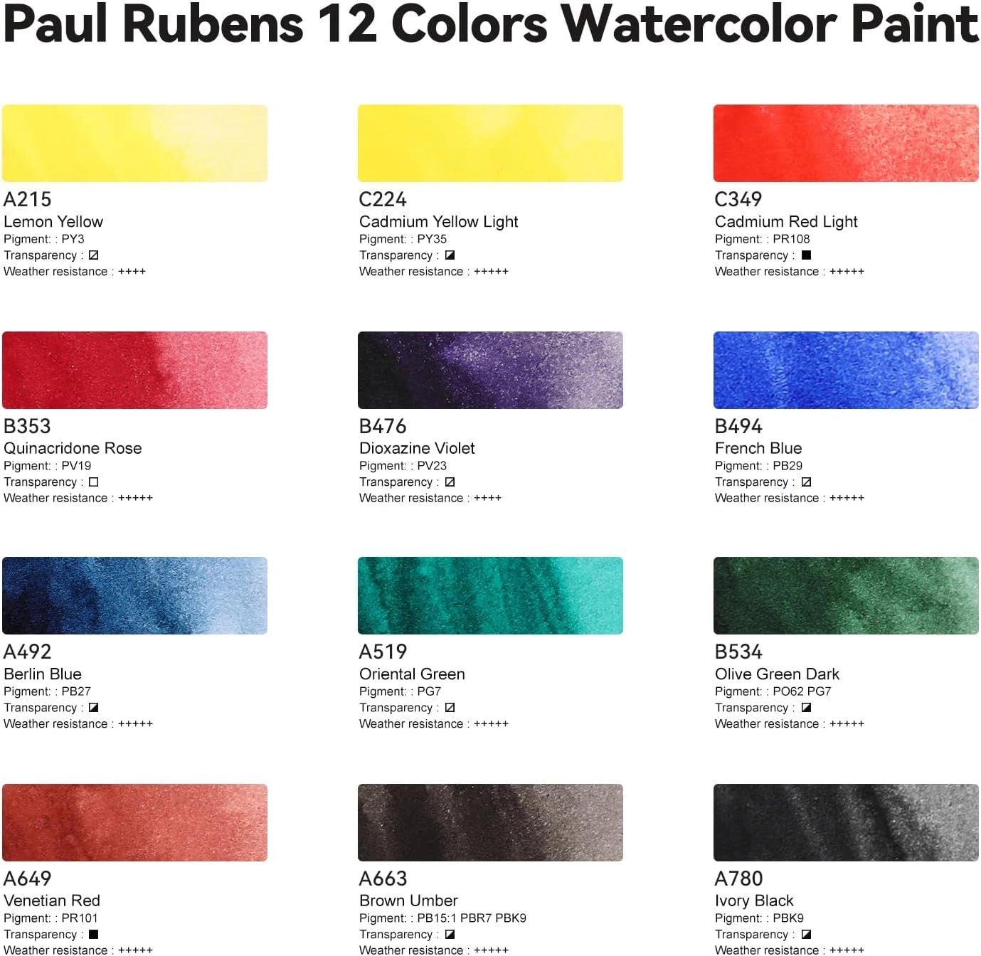 Paul Rubens Professional Watercolor Paint Set 12 Colors