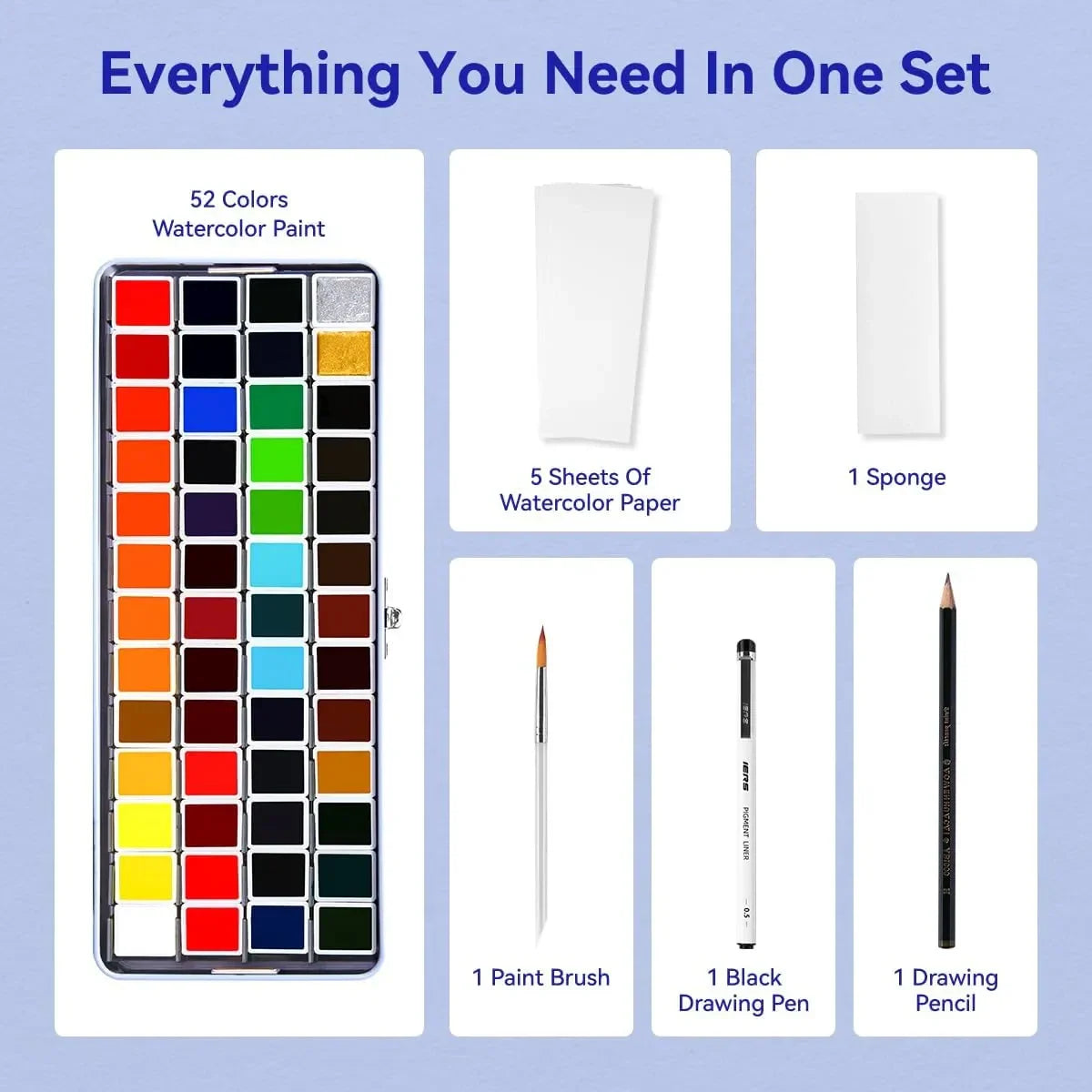 Paul Rubens Portable Watercolor Paint Set Bundle Set 52 Colors 20 S (8x4 Blue Case Hot Press)