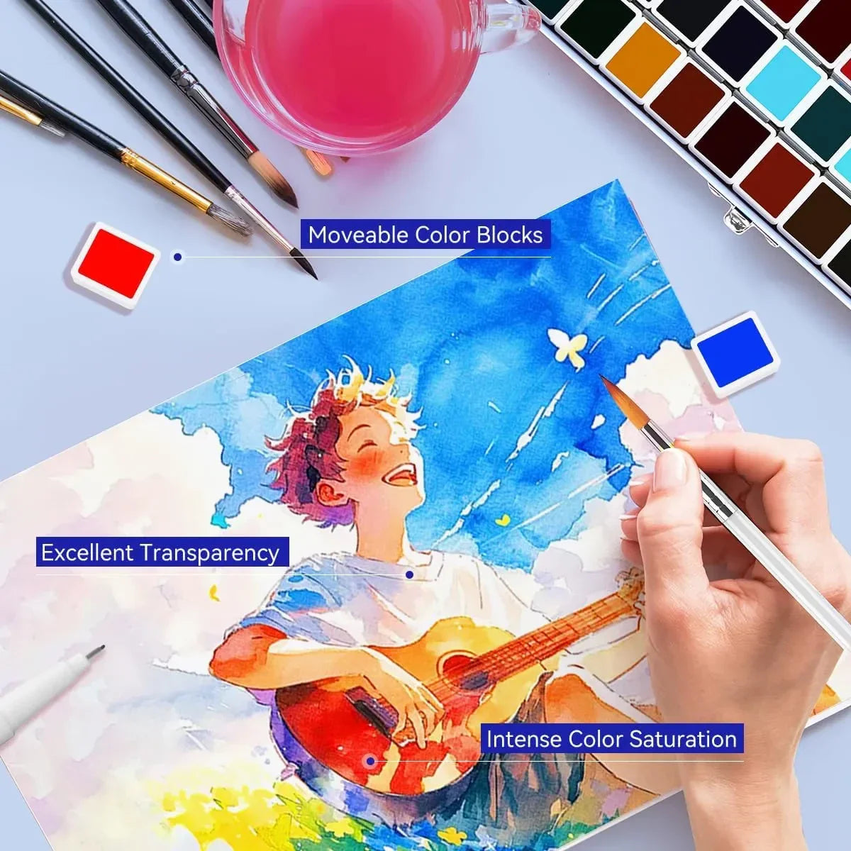 Paul Rubens Portable Watercolor Paint Set Bundle Set 52 Colors 14 S (5x5 Purple Case Cold Press)