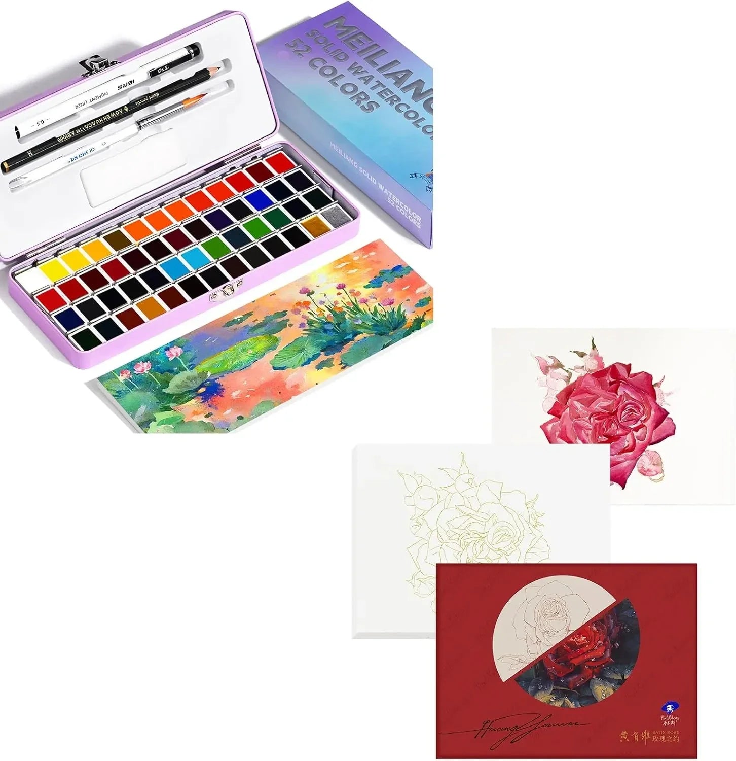 Paul Rubens Hot Press Watercolor Paint Set Bundle Set 52 Colors 12 (2x7 Purple Case Meiliang)