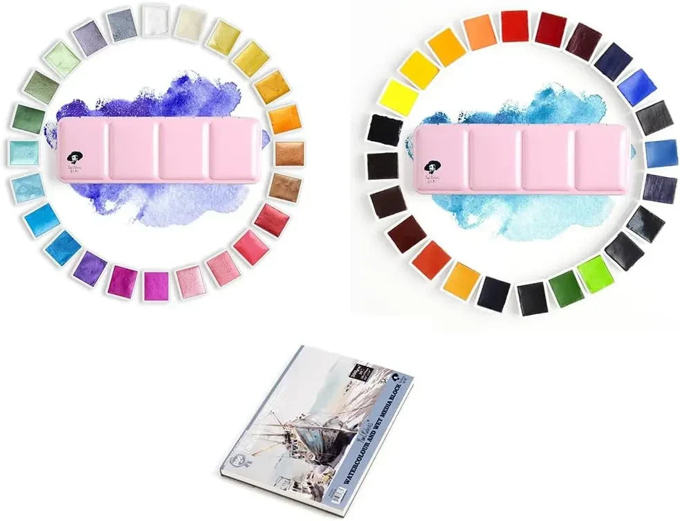 Paul Rubens 48 Colors Artist Watercolor Paints-incl 24 Metallic Color 24 Vivid Color -Pink Portable Metal Case with Palette