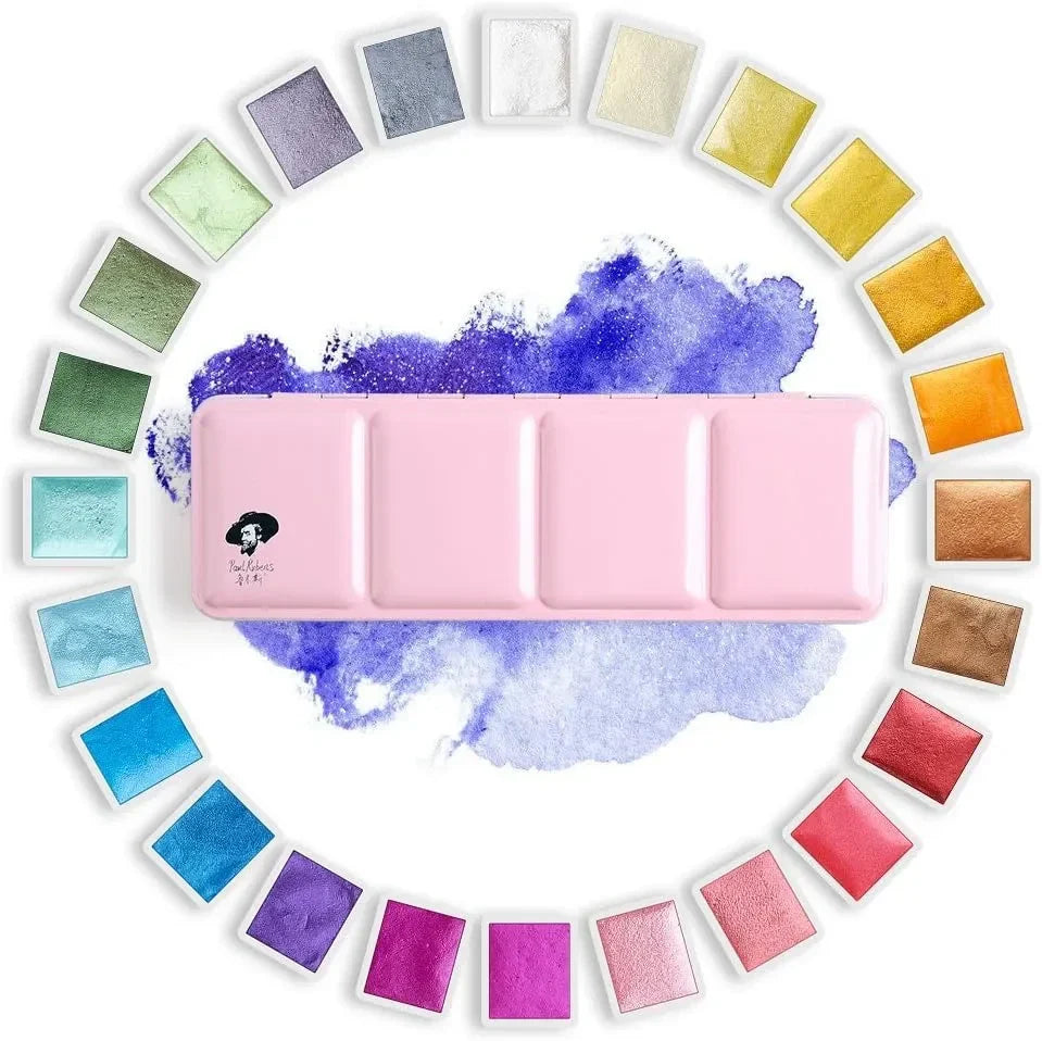 Paul Rubens 48 Colors Artist Watercolor Paints-incl 24 Metallic Color 24 Vivid Color -Pink Portable Metal Case with Palette