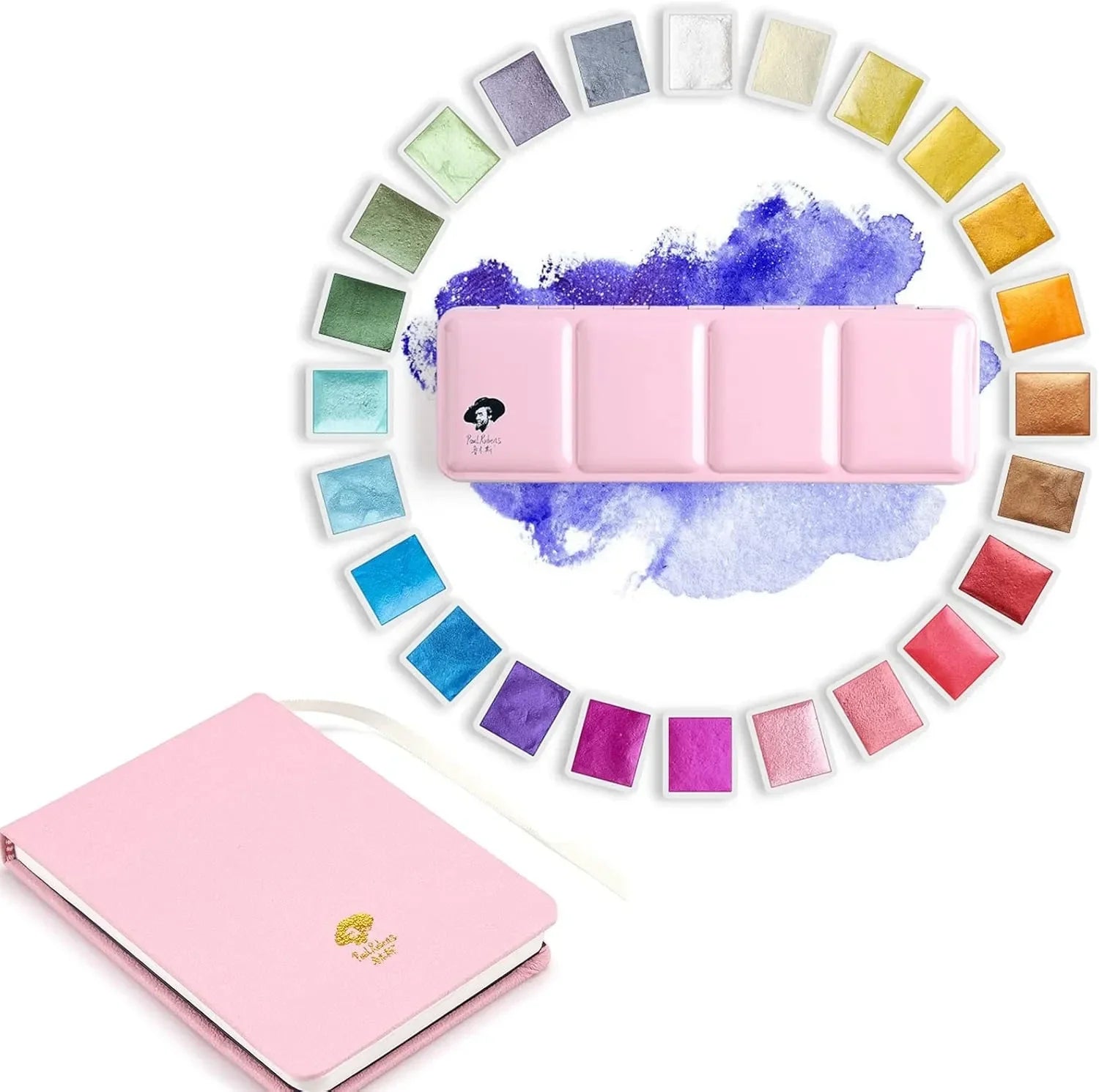 Paul Rubens Metallic Glitter Watercolor Paint Set 20 Sheets 100 Cotton (Pink Case Hot Press Journal)