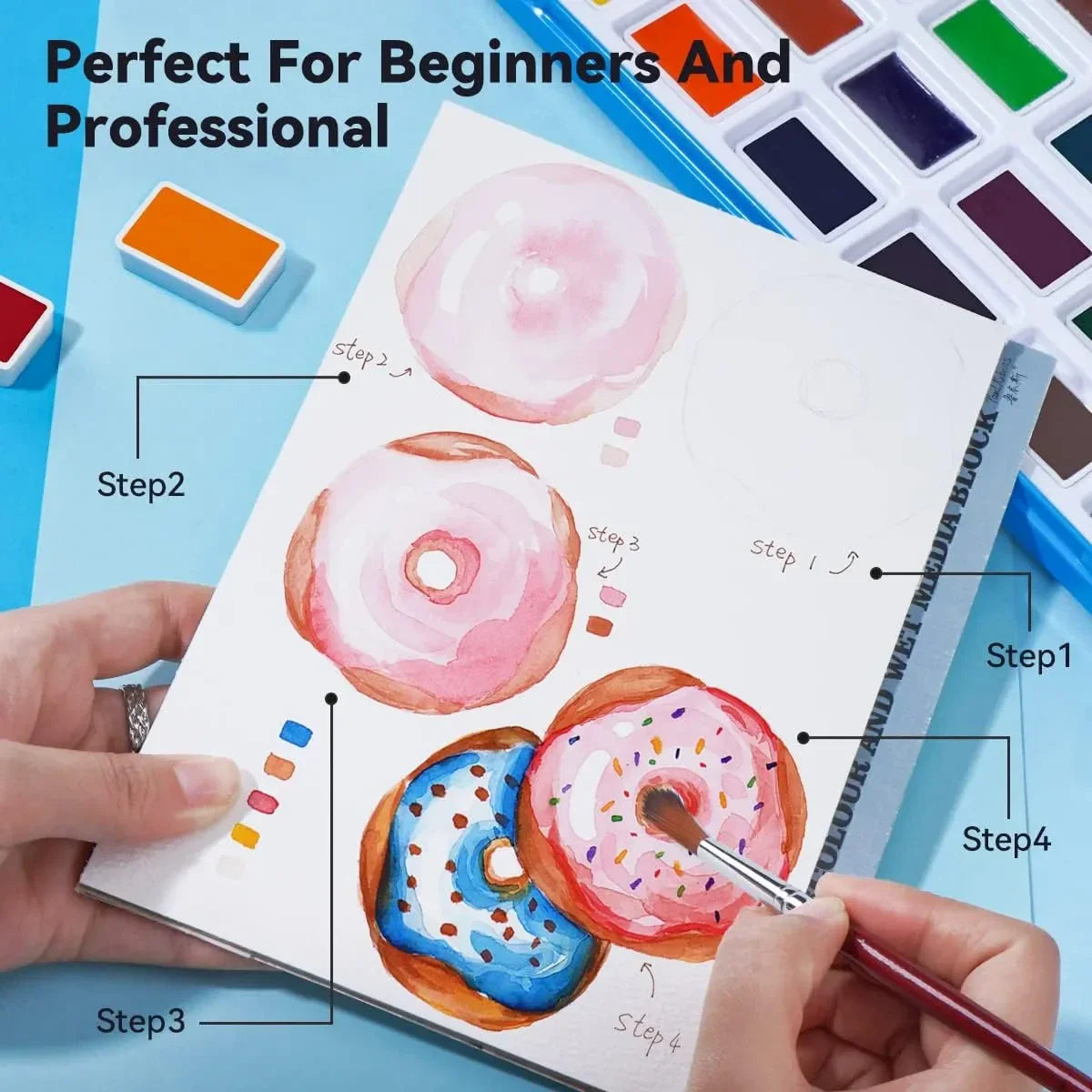 Paul Rubens Hot Press Watercolor Paint Set 24 Colors 20 Sheets (6x5 Journal Full Pan)