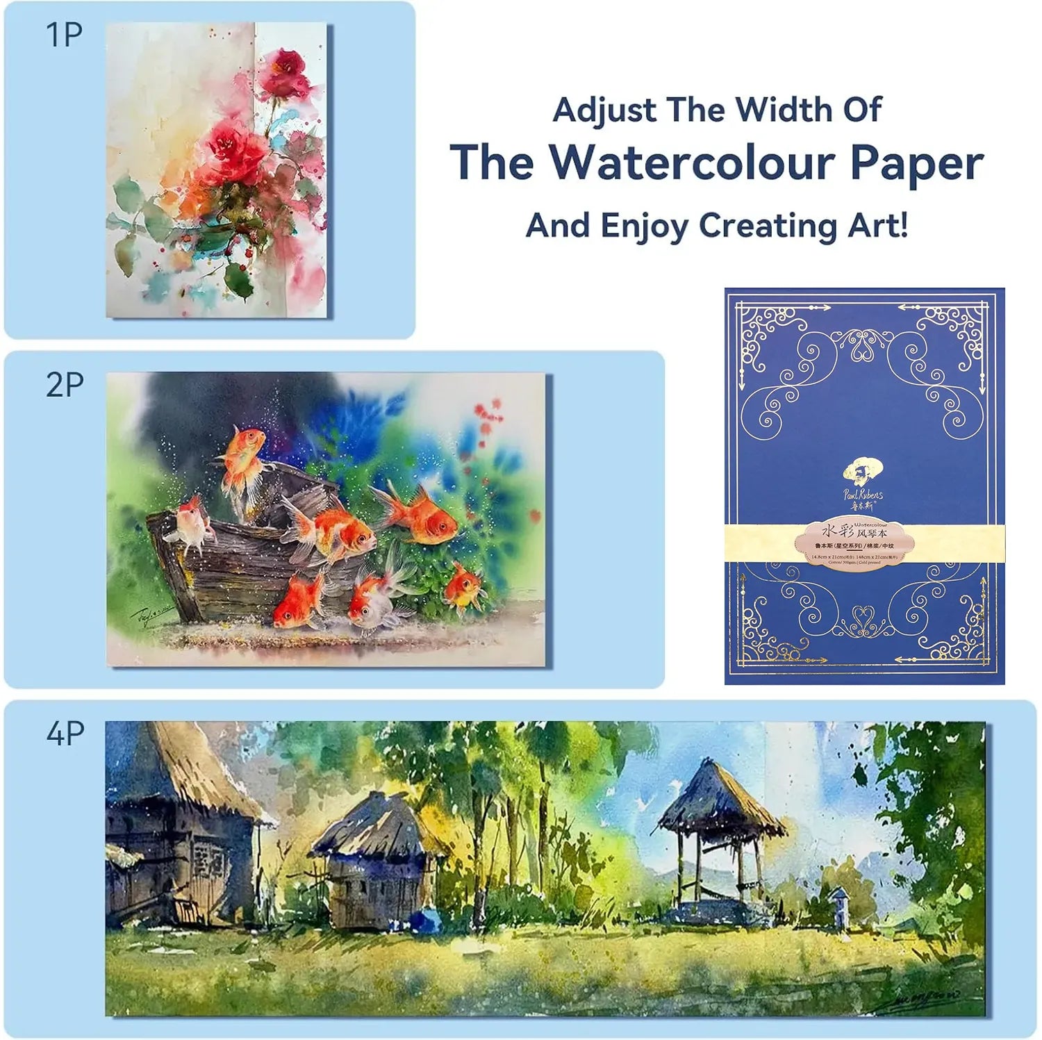 Paul Rubens Portable Watercolor Paint Set Bundle Set 52 Colors 14 S (8x8 Blue Case Cold Press)