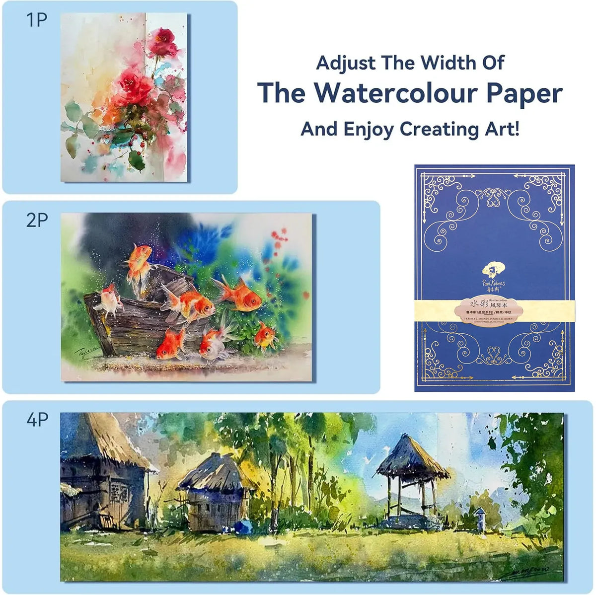 Paul Rubens Portable Watercolor Paint Set Bundle Set 52 Colors 14 S (8x8 Blue Case Cold Press)